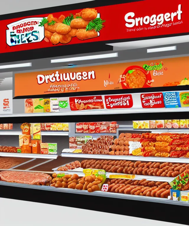 Prompt: digital painting of frozen food shop,like sausage,beef,nugget,etc,with interesting look,picture for website ads,details,photorealistic and make people hungry!,