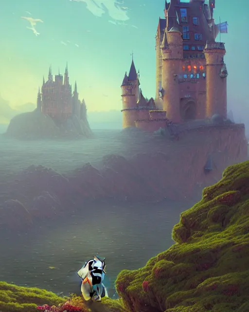 Image similar to highly detailed surreal vfx portrait antropomorphic rat holding guitar looking castle in the distance stephen bliss unreal engine greg rutkowski loish, rhads, beeple, makoto shinkai and lois van baarle ilya kuvshinov rossdraws, tom bagshaw, alphonse mucha, global illumination, detailed and intricate environment