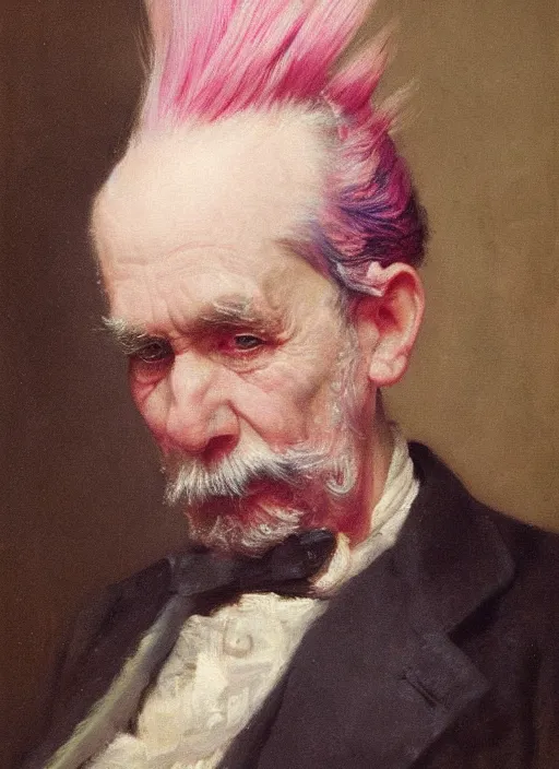 Prompt: a portrait of old man with a detailed pink mohawk by edouard bisson, punk rock, oil painting, muted colours, soft lighting