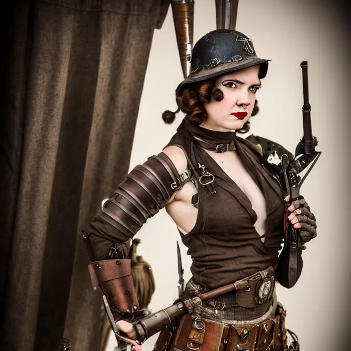 Image similar to full length photograph of a real - life very beautiful dieselpunk warrior. extremely detailed. dslr. 8 5 mm.