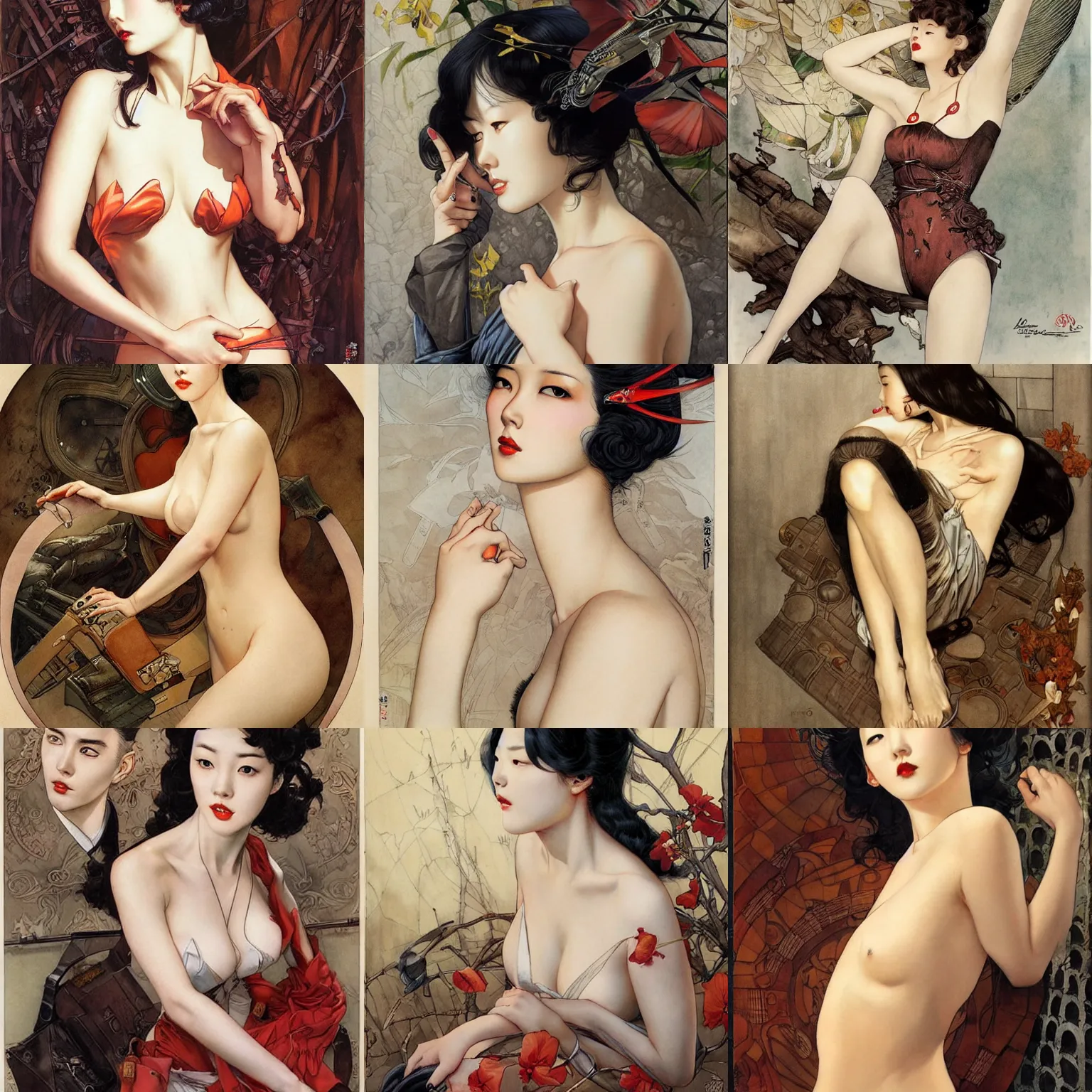 Prompt: lee jin - eun by milo manara gi, j. c. leyendecker, karol bak, rule of thirds, seductive look, beautiful