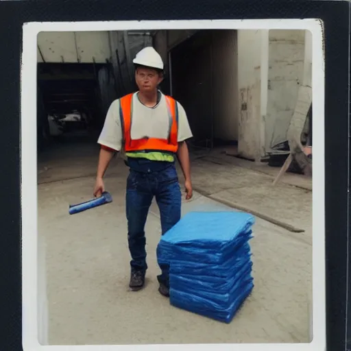 Prompt: a polaroid photo of man walking lazada logistics warehouse, he's wearing blue cloth and construction hat,, photo from behind, highly details, perfect face shape, cinematic lighting,