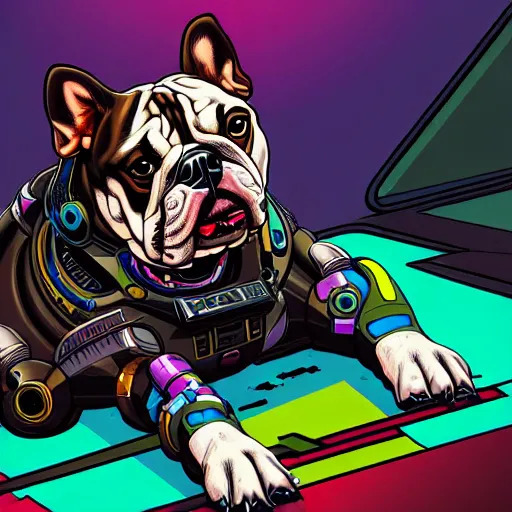 Prompt: « a comic styled painting of a cyborg bulldog sitting down, cyberpunk digital art by greg rutkowsky, illustration, colourful, sharp focus, highly detailed, future tech, sketchfab »