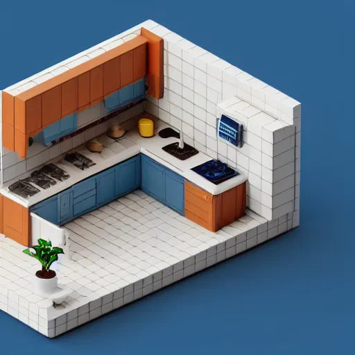 Image similar to isometric minimalistic chubby kitchen, cinema 4 d, 1 0 0 mm, blue color scheme depth of field, octane render, studio lighting