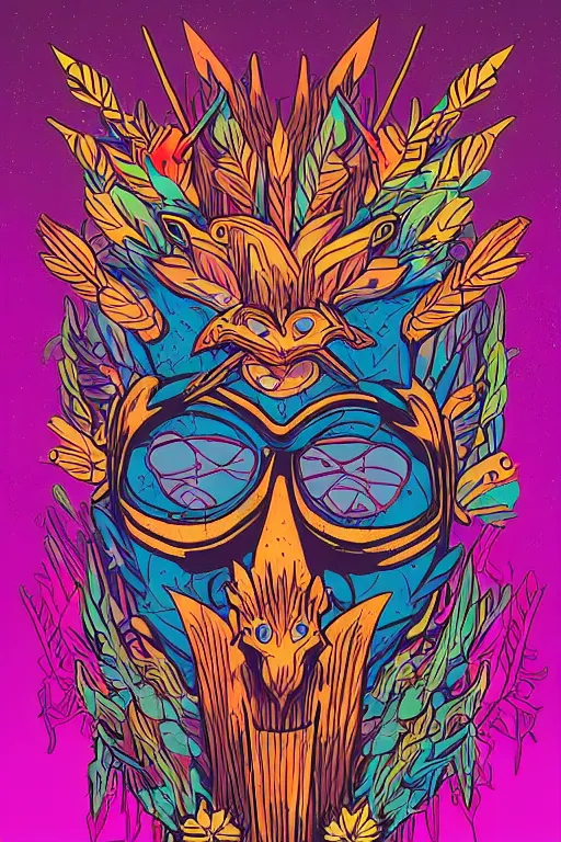 Image similar to animal mask totem roots flower tribal feather gemstone plant wood rock shaman vodoo video game vector cutout illustration vivid multicolor borderlands comics by josan gonzales and dan mumford radiating a glowing aura