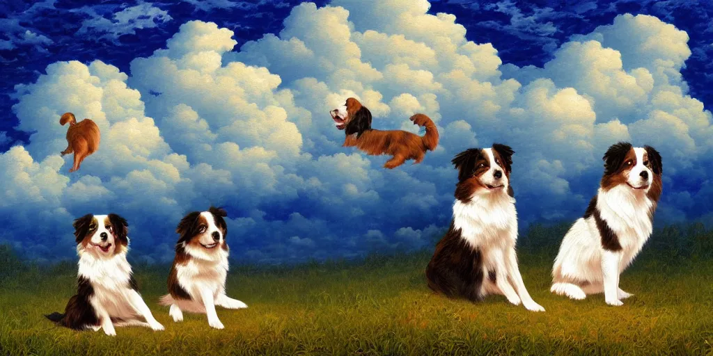 Prompt: two australian shepherds, person sitting, clouds in sky, impressionist painting, digital painting, artstation, rob gonsalves