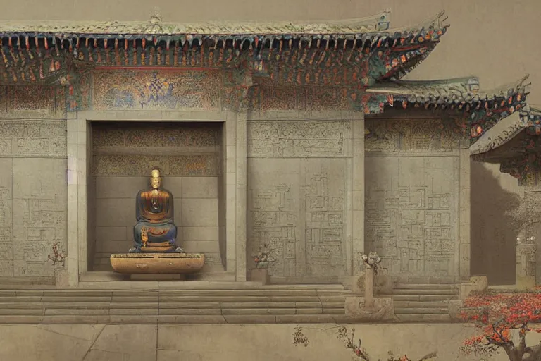Image similar to mausoleum, buddhism, tang dynasty, painting by greg rutkowski