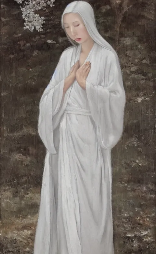 Image similar to angelic beauty with silver hair so pale and wan! and thin!?, flowing robes, covered in robes, lone pale asian white goddess, wearing robes of silver, flowing, pale skin, young cute face, covered!!, clothed!! lucien levy - dhurmer, jean deville, oil on canvas, 4 k resolution, aesthetic!, mystery