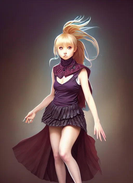 Image similar to portrait of a full body of beautiful young female detective, d & d, sleeveless turtleneck, pleated skirt, fantasy, flat lighting, intricate, highly detailed, digital painting, artstation, concept art, smooth, sharp focus, illustration, misa amane, art by simon bisley and greg rutkowski and alphonse mucha, natural tpose