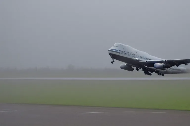 Prompt: a boeing 7 4 7 landing on a runway in heavy rain and wind, photo from a spectator, 8 k, natural lighting