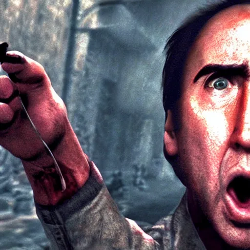 Image similar to angry nicolas cage attacking with a pipe in silent hill, ultra detailed, 8 k