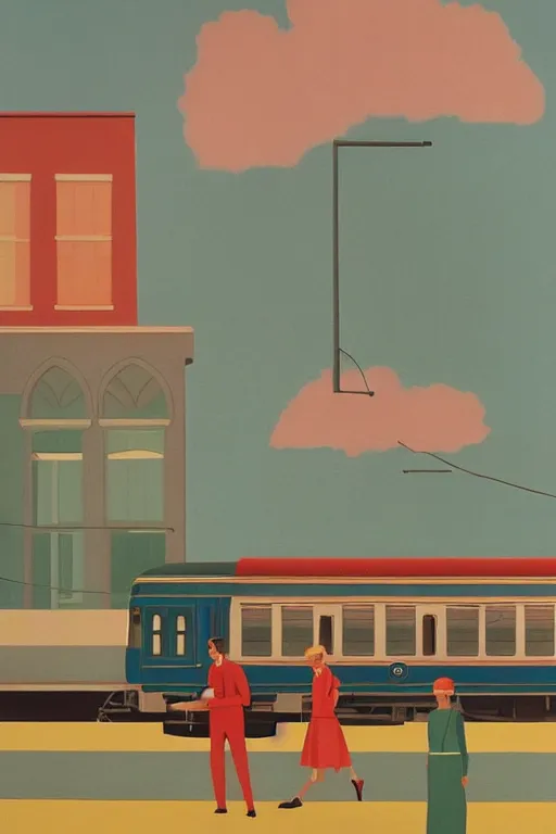 Image similar to scene from wes anderson train by helen lundeberg