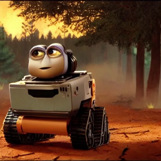 Image similar to Pixar animation of wall-e burning a forest