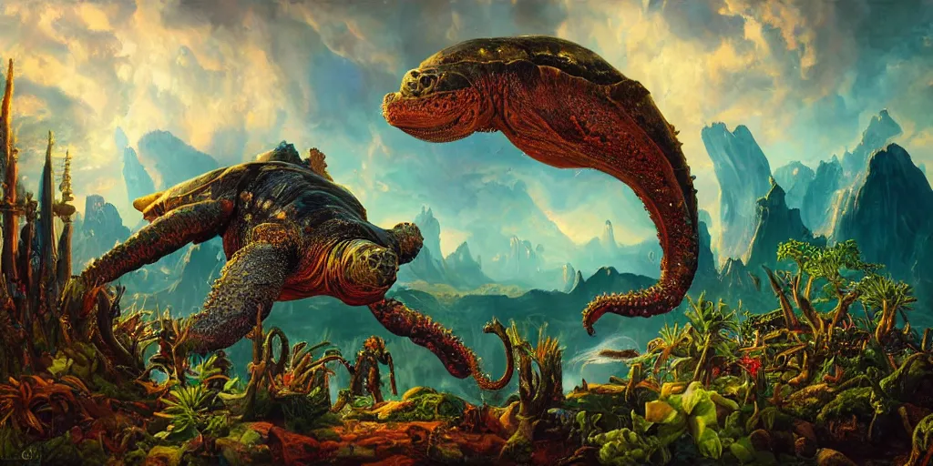 Image similar to fantasy oil painting, great leviathan, cybernetic turtle cephalopod terrapin reptilian pachyderm squid, bella hadid, hybrid, milla jovovich, anubis, epic natural light, lush plants flowers, spectacular mountains, bright clouds, luminous sky, outer worlds, golden hour, michael cheval, edward hopper, michael whelan, vray, hd