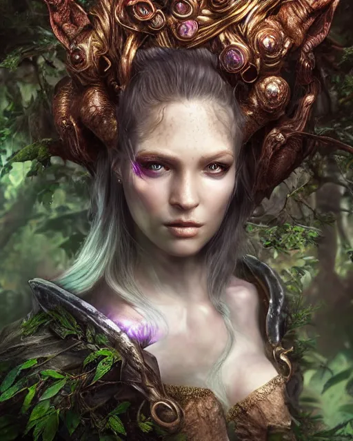 Image similar to portrait high definition photograph female fantasy character art, hyper realistic, pretty face, hyperrealism, iridescence water elemental, snake skin armor forest dryad, woody foliage, 8 k dop dof hdr fantasy character art, by aleski briclot and alexander'hollllow'fedosav and laura zalenga