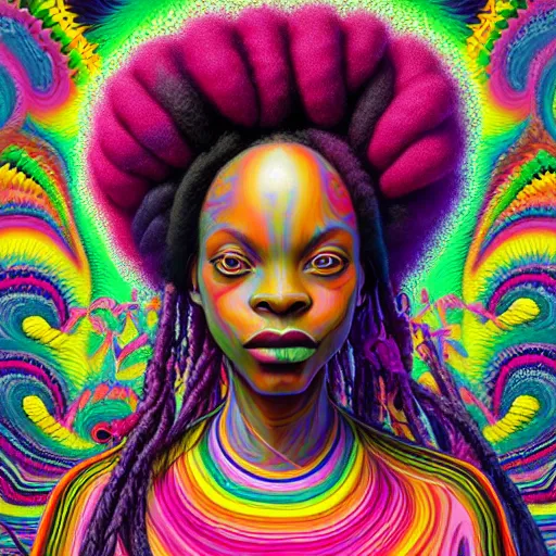 Image similar to a wide angle shot of a black girl with colorful dreadlocks in a field of candy, by Adi granov and afarin sajedi and amanda sage and evgeni gordiets and Agostino Arrivabene and adonna khare in a psychedelic portrait style, ultrarealistic matte painting, volumetric lighting, fractal, extremely symmetrical, highly detailed face, orisha, 8k, hd