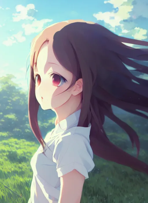 Image similar to portrait of cute girl, cloudy sky background lush landscape illustration concept art anime key visual trending pixiv fanbox by wlop and greg rutkowski and makoto shinkai and studio ghibli