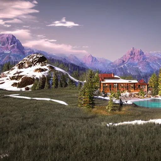 Image similar to montana alpine landscape with modern style mansions scattered on the mountainsides, photo realism, dramatic lighting, from a dream, high quality digital art, unreal engine