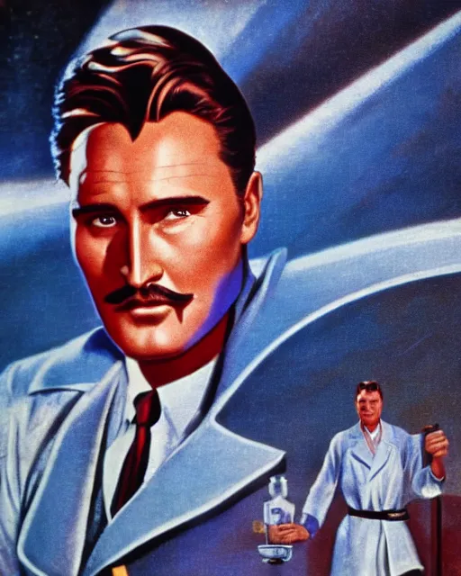 Prompt: Errol Flynn as a scientist. 1980s dystopian Soviet Russia, propaganda screens. Unreal engine, fantasy art by Peter Lerner. Faithfully depicted facial expression, perfect anatomy global illumination, radiant light, detailed and intricate environment