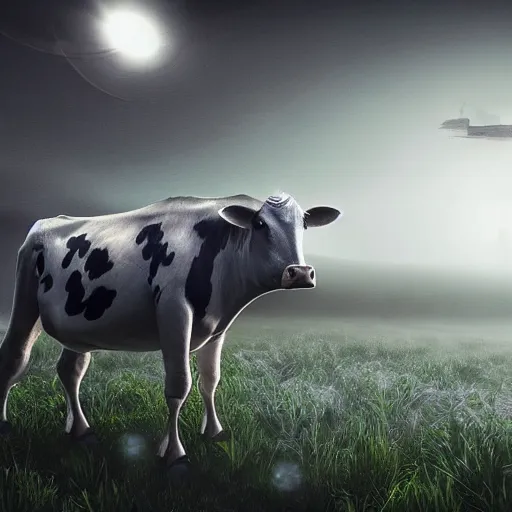 Prompt: A realistic detailed photo of a futuristic cow, detailed body, alien plants, grey sky, futuristic buildings, flying ships in the background, foggy landscape, light particles, detailed light, realistic shaders, trending on artisation, detailed textures, detailed, realistic.