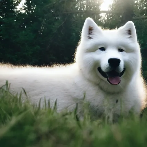 Prompt: samoyed camping, cinematic lighting,