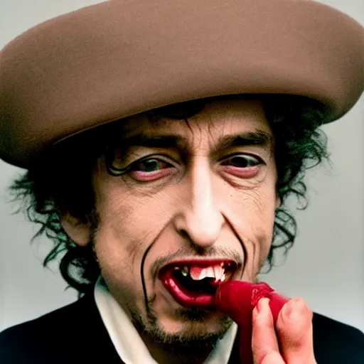 Prompt: rabid bob dylan foaming at the mouth, bloodshot eyes, raised eyebrows, rotten teeth