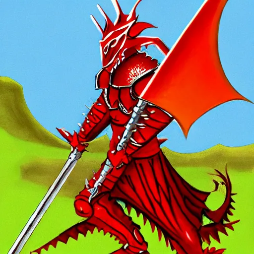 Image similar to a knight wearing full red armor, in the style of a dragon, spikes, wielding a whip,