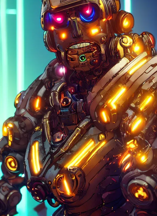 Image similar to glowwave cyborg saitama from borderlands 3, au naturel, hyper detailed, digital art, trending in artstation, cinematic lighting, studio quality, smooth render, unreal engine 5 rendered, octane rendered, art style by klimt and nixeu and ian sprigger and wlop and krenz cushart.