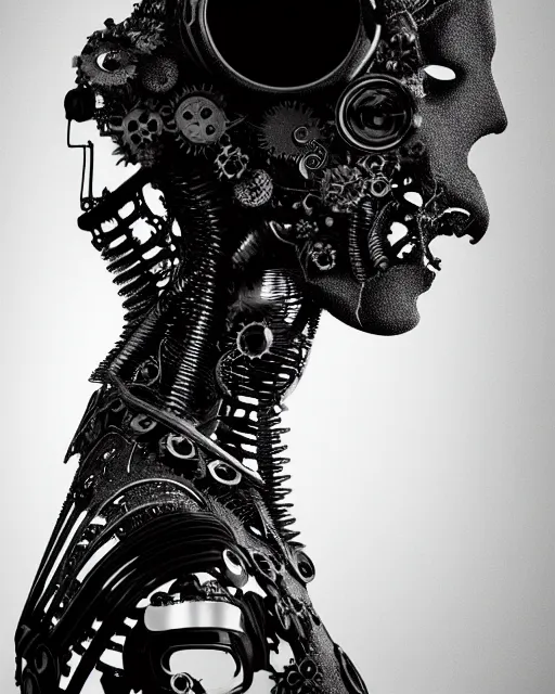 Image similar to black and white dreamy foggy profile face portrait, one steampunk eye biomechanical beautiful young female cyclope - cyborg - robot bust, body ribs meshes,, volumetric light, hibiscus flowers, by hg giger, rim light, by dora maar and cecile beaton, big gothic fashion pearl embroidered collar, 8 k