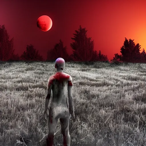 Prompt: new planet, red, red sky, beaten up man, depth, creepy, monsters, eyes, graveyard, death, dead, red eyes, 8k, hyperrealistic, depth, vray, high resoulution, eathly