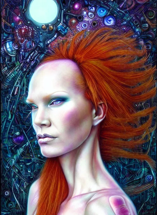 Image similar to biopunk ethereal ginger cyborg portrait by julie bell, intricate biopunk patterns, detailed!, very sharp!!!