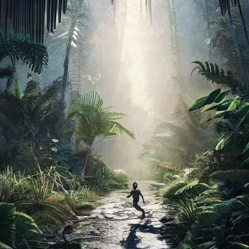 Prompt: Kanye West running though a jungle, the forest plants environment wide angle cinematic lighting atmospheric realistic octane render highly detailed, octane render, in the style of craig mullins