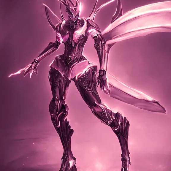 Image similar to highly detailed exquisite fanart, of a beautiful female warframe, but as an anthropomorphic elegant robot female dragon, shiny and smooth off-white plated armor engraved, robot dragon head with glowing eyes, Fuchsia skin beneath the armor, sharp claws, long sleek tail behind, robot dragon hands and feet, standing elegant pose, close-up shot, full body shot, epic cinematic shot, professional digital art, high end digital art, singular, realistic, DeviantArt, artstation, Furaffinity, 8k HD render, epic lighting, depth of field