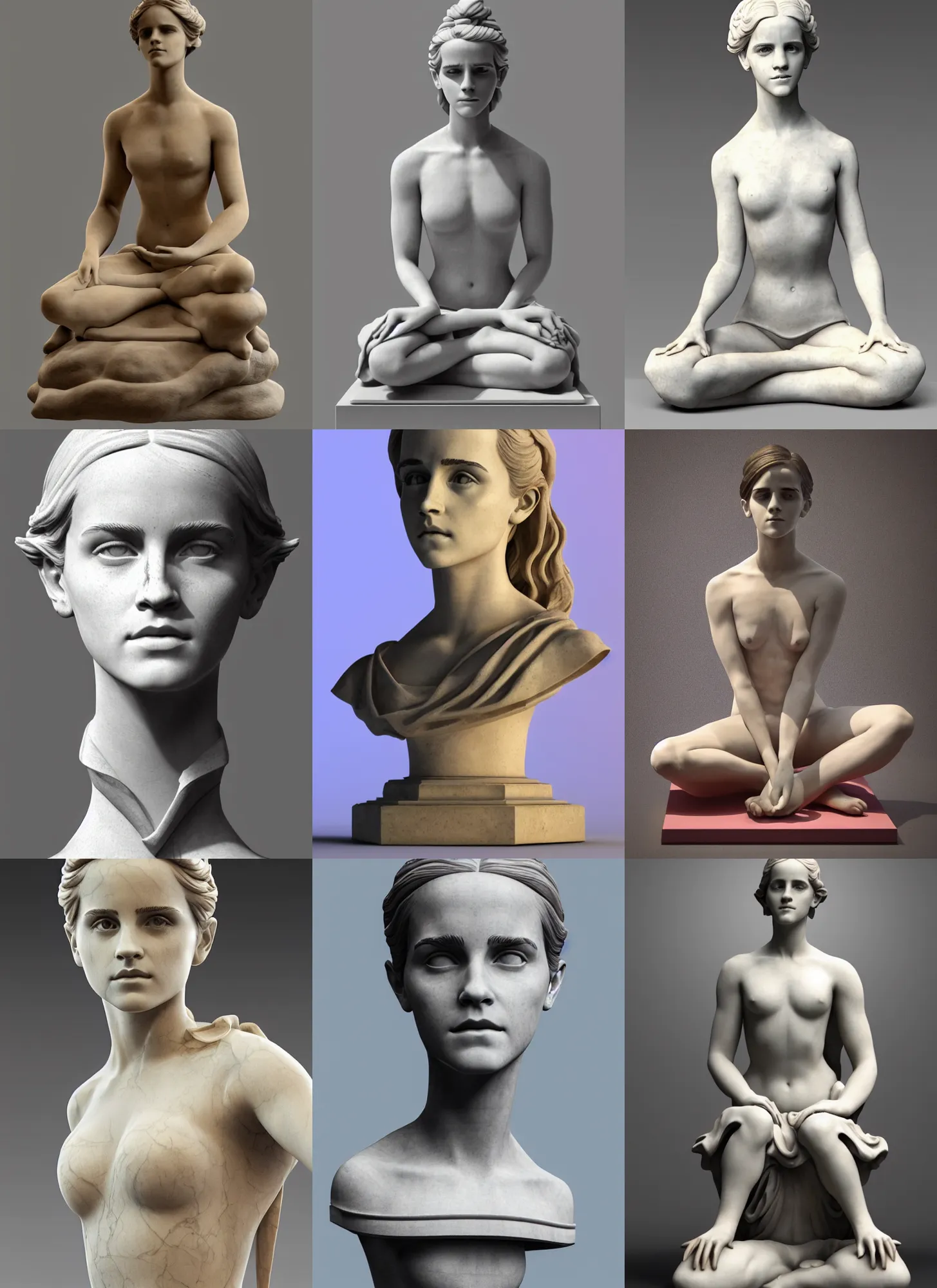 Prompt: 3D print marble sculpture of Emma Watson by Jean-Baptiste Carpeaux and Luo Li Rong and Michael James Talbot, yoga meditation sitting pose, beautiful body, perfect symmetrical face, colorful, full length shot, elegant, academic art, realistic, 8K, Product Introduction Photo, Hyperrealism, Subsurface scattering, raytracing, soft light, Octane Render, Redshift, Zbrush, renderhub next2020