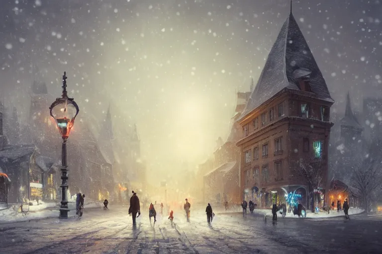 Image similar to a guillotine with christmas lights in the center of town, matte painting, concept art, digital art, trending on artstation, 4 k, extremely detailed, realistic, snowing, by greg rutkowski, cinematic, epic