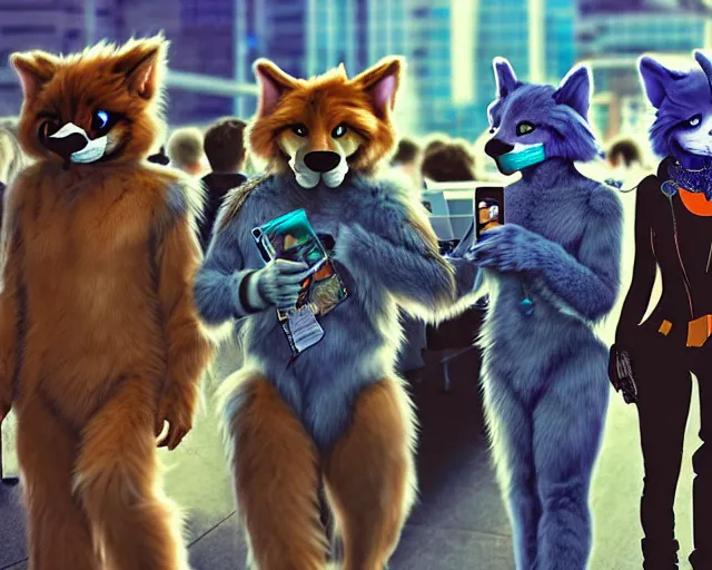 Image similar to high - resolution photograph from a nanopunk era furry fandom convention ( midwest furfest 2 0 4 7 ), taking place after the genetic revolution and singularity. photorealistic.