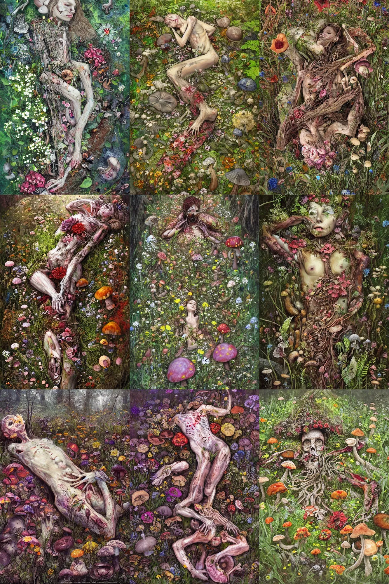 Prompt: dead body decaying on the forest floor, flowers and mushrooms cover the body, flowers grow from the body, mushrooms grow from the body, concept art, painting, aleksander rostov, beautiful, intricate, detailed, flowers!!!!, nature