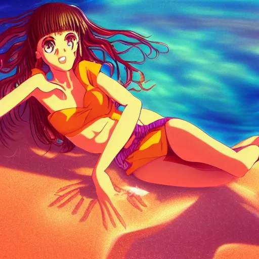 Prompt: girl laying in the sand next to ocean in sunset, sprite, vaporwave nostalgia, visual novel cg, 8 0 s anime vibe, kimagure orange road, yu - no, initial d, drawn by by commodore 6 4, wallpaper, ultra hd, vlc screenshot