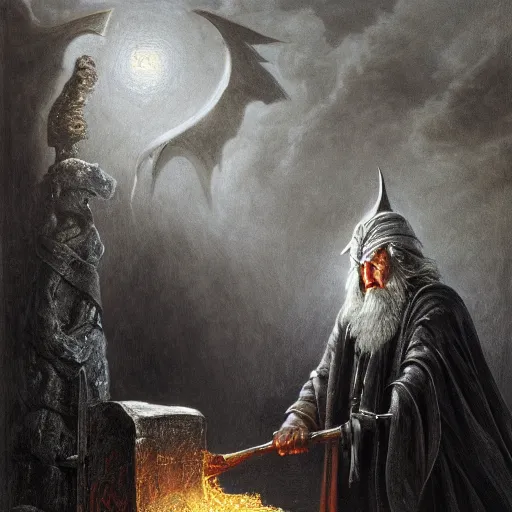 Image similar to the evil ian mckellen smithing on an anvil as gandalf in a dark viking hood playing odin all father crafting a neural network with golden synapses on an anvil with fire, highly detailed, cinematic shot, cinematic lighting, 8 k, exquisit facial detail, colored painting by gustave dore.