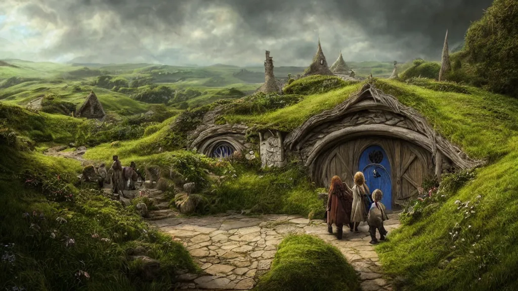 Image similar to frodo returning to bag end at the end of his journey, hobbiton, hobbits visible in the distance, by alan lee, michal karcz, smooth details, lord of the rings, game of thrones, smooth, detailed terrain, oil painting, trending artstation, concept art, fantasy matte painting