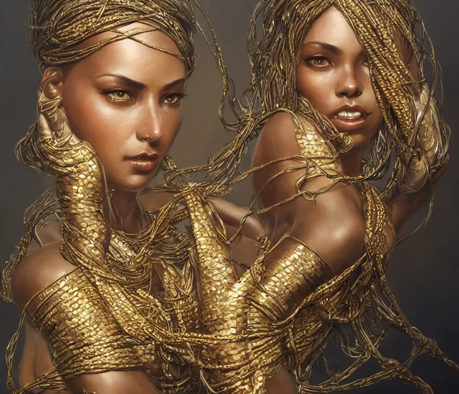 Image similar to Ultra realistic illustration, of a charcoal skinned goddess wrapped in gold ropes, cyberpunk, sci-fi, fantasy, intricate, elegant, highly detailed, digital painting, artstation, concept art, smooth, sharp focus, illustration, art by artgerm and greg rutkowski and alphonse mucha