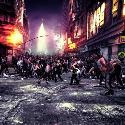 Prompt: moshpit in the city streets, realistic, huge moshpit, realism, hdd, hdr, rtx on, dynamic lighting, chaos in the moshpit,