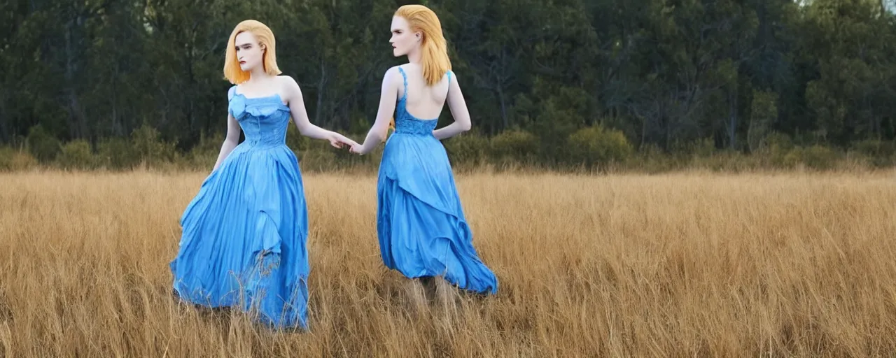 Prompt: evan rachel wood with blonde hair and a maiden blue dress in a field, old west, cinematic lighting, hyperrealistic, one person
