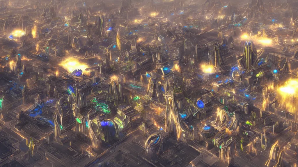 Image similar to incredible protoss city photorealistic, amazing, futuristic