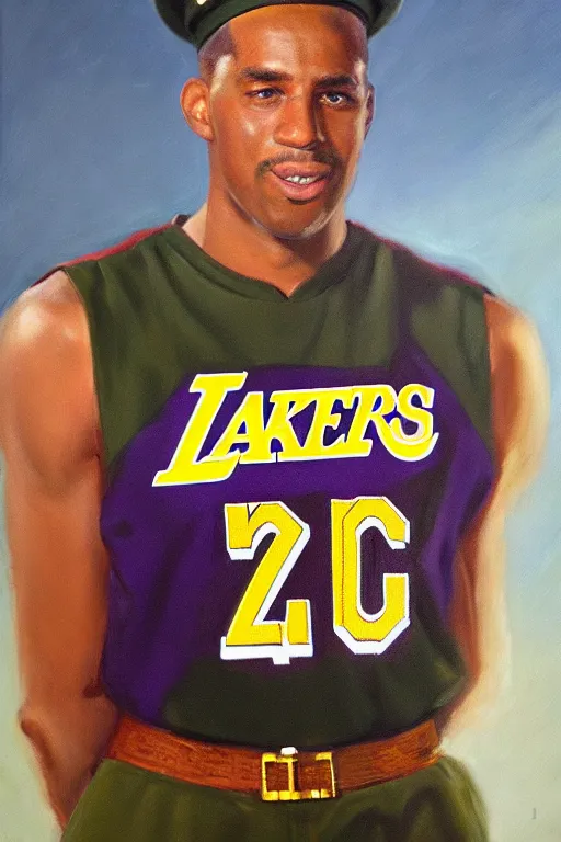 Image similar to full body portrait of the dictator of the los angeles lakers, 1 9 5 5, in full military garb, oil on canvas by william sidney mount, trending on artstation