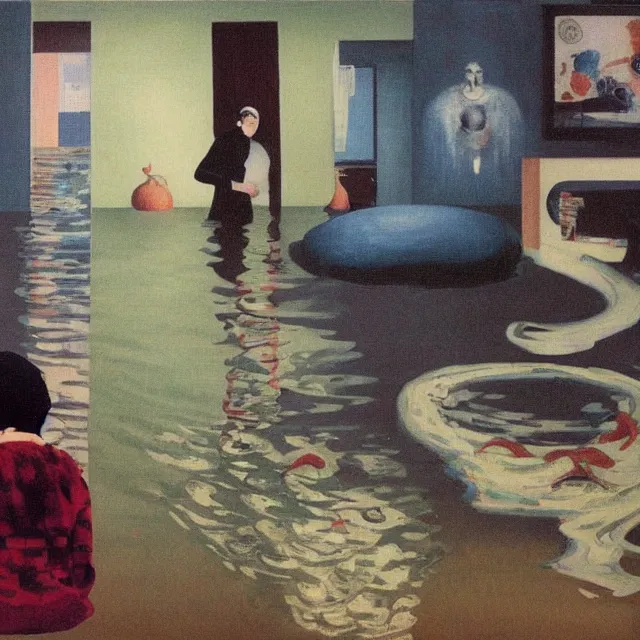 Image similar to tall emo artist in her flooded apartment, painting of flood waters inside an artist's home, a river flooding indoors, pomegranates, pigs, ikebana, zen, water, octopus, river, rapids, waterfall, black swans, canoe, berries, acrylic on canvas, surrealist, by magritte and monet