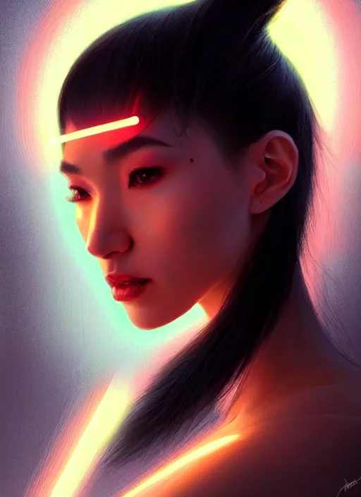 Image similar to photorealistic an oriental female humanoid with freckle cheeks, cyber neon lightings, futurism, cyberpunk high fashion, elegant profile pose, intricate details, crispy quality, digital photography, trending in artstation, trending in pinterest, no watermark signature, cinematic, 4 k ultra hd, art by artgerm, art by greg rutkowski, art by pascal blanche