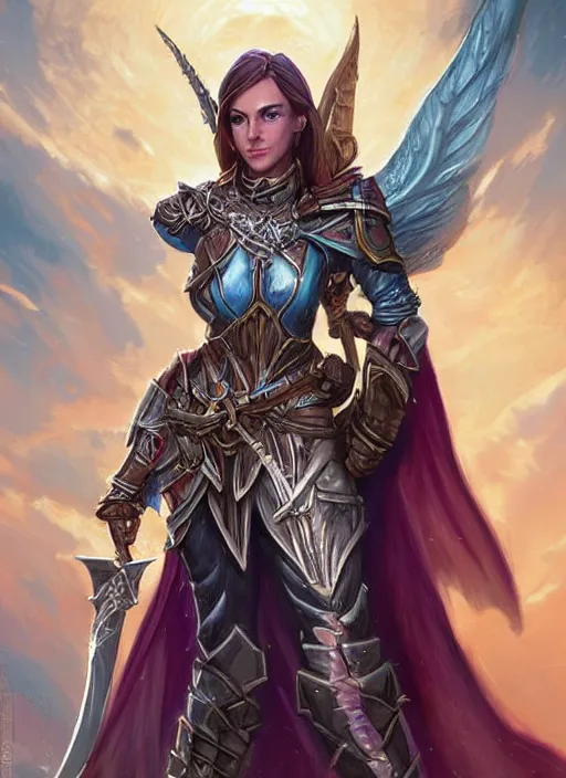 Image similar to female paladin, ultra detailed fantasy, dndbeyond, bright, colourful, realistic, dnd character portrait, full body, pathfinder, pinterest, art by ralph horsley, dnd, rpg, lotr game design fanart by concept art, behance hd, artstation, deviantart, hdr render in unreal engine 5