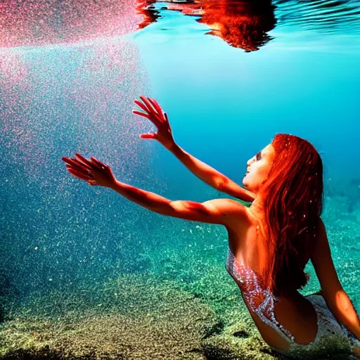 Prompt: mermaid breaking the surface of the water, underwater photography with light scattering and water refractions, smooth