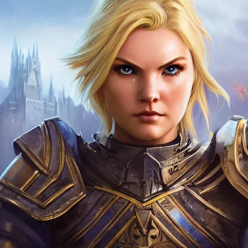 Prompt: head-on centered symmetrical RPG avatar portrait, Elisha Cuthbert as a holy paladin, blonde hair, (ornate) steel armour, dramatic lighting, establishing shot, book cover, high detail, cinematic lighting, 8k, concept art, artstation, matte painting, in the style of eddie mendoza, raphael lacoste, alex ross